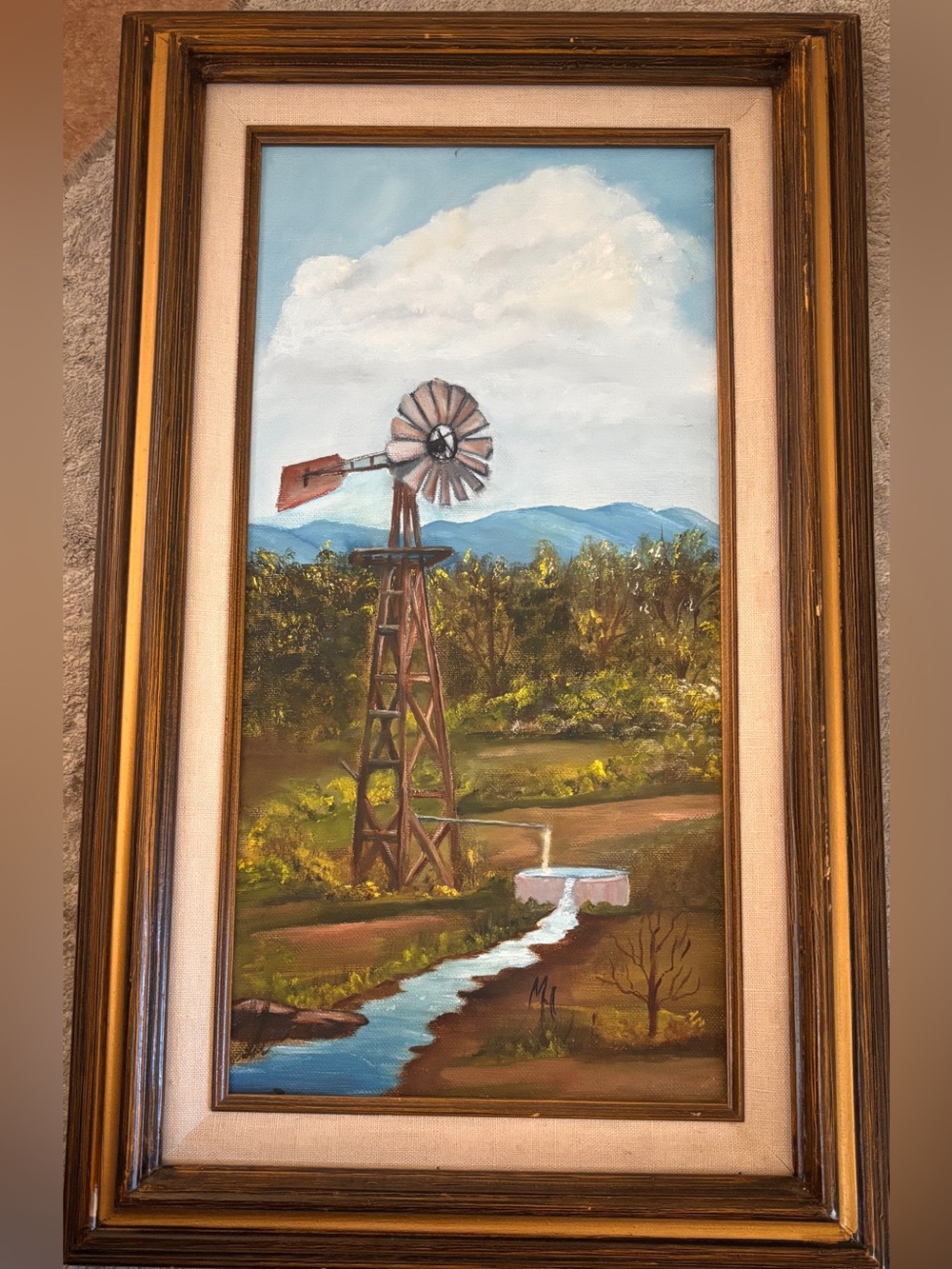 Vintage Maureen Frische Signed Oil Painting - Rustic Windmill Landscape 21"x13"